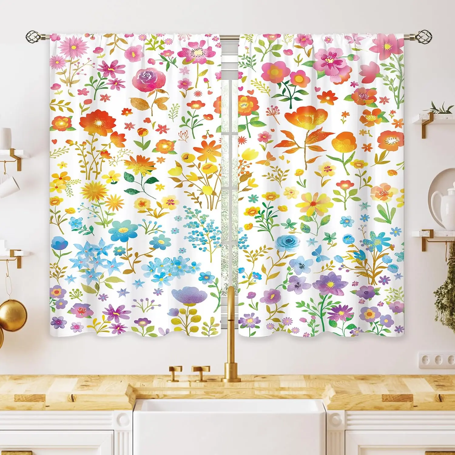 Colorful Wildflower Curtains Spring Meadow Print for Kitchen Window Cottage Decor