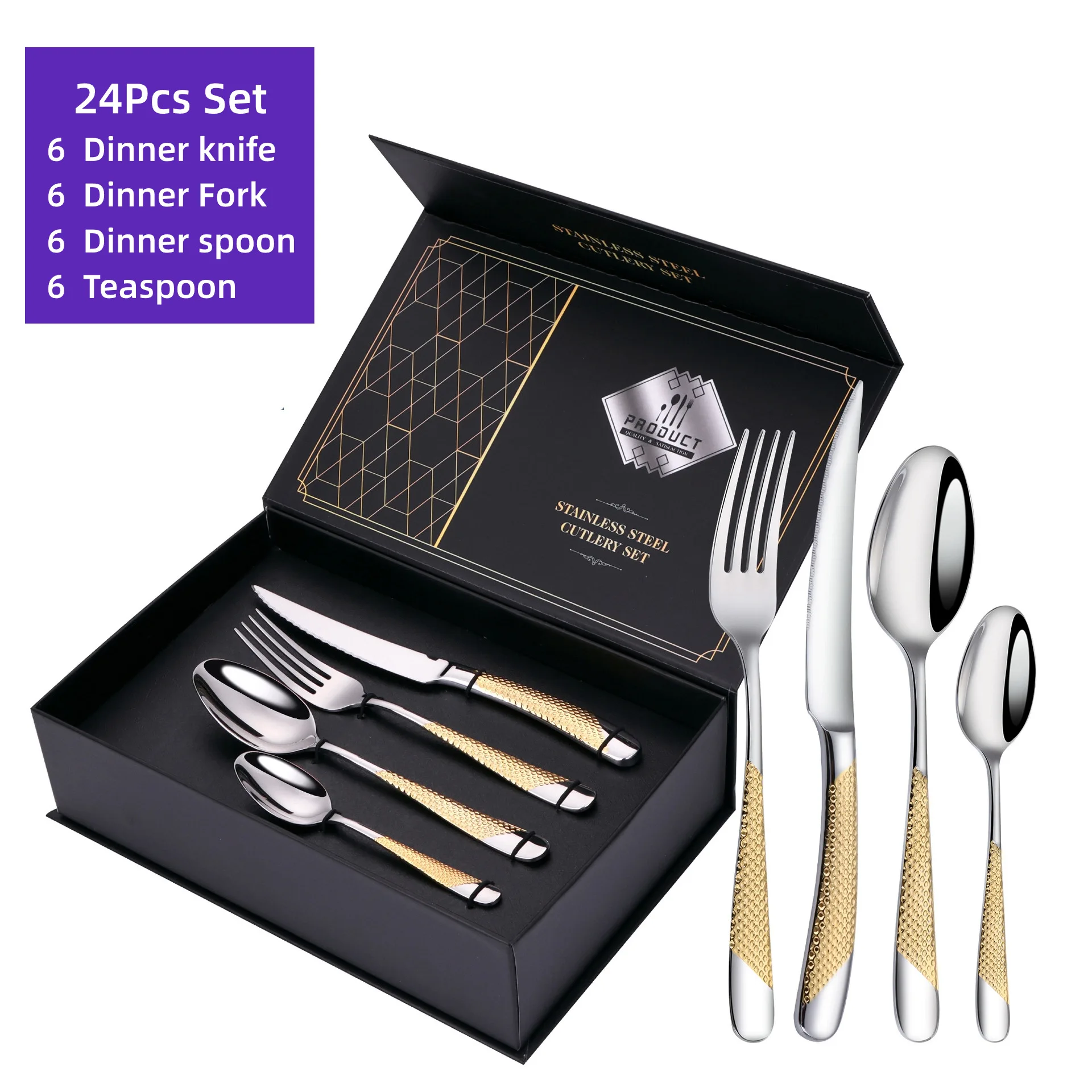 Hot Selling 4PCS Stainless Steel Gold Cutlery Set Knife Fork Spoon Star Diamond Luxury Flatware with Box