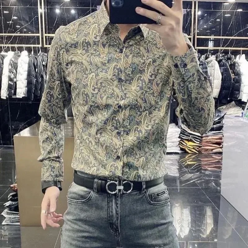 2023 Spring and Autumn New Men\'s Fashion Trendy Printed Shirt Slim Square Collar Contrast Color Long Sleeve Button Cardigan Tops