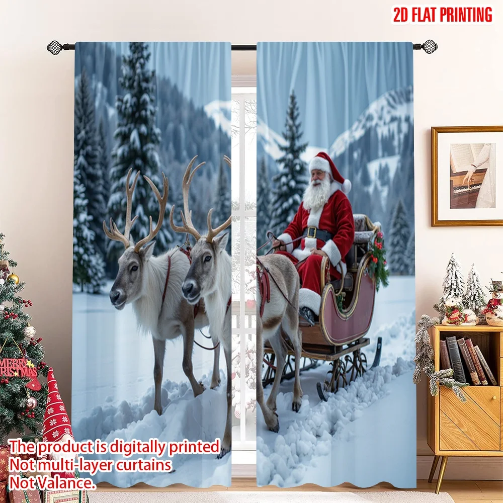 

2pcs 2D flat printing Merry Christmas Popular Party Window Curtains Santa Claus Sleigh Reindeer Christmas_a Polyester Fabric