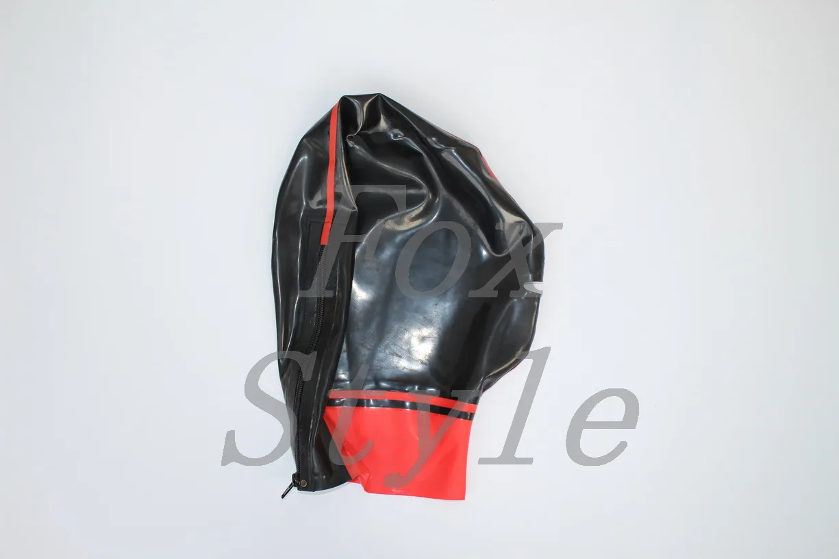 adults's natural rubber latex hoods in Black and red trim in sale price  open nose and mouth only