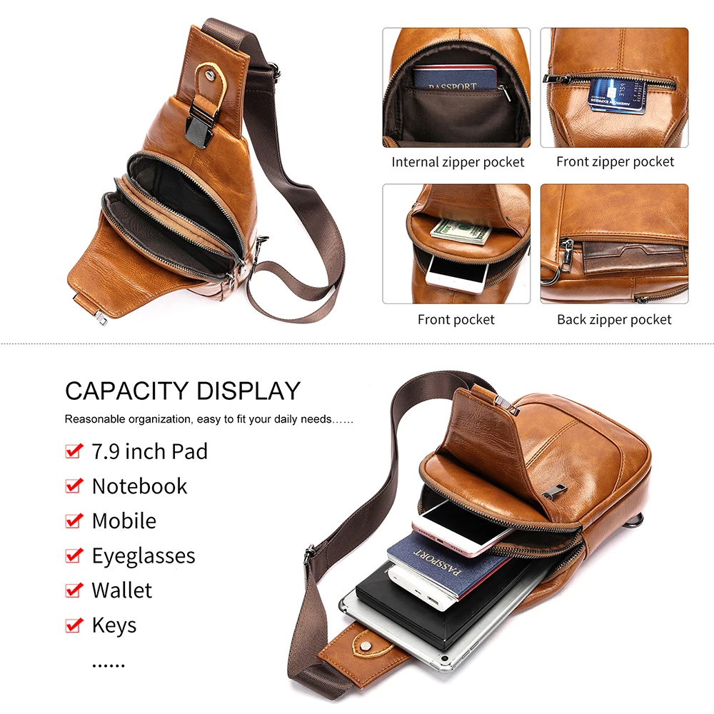 WESTAL Genuine Leather Sling Bags Men Zipper Designer Chest Pack for 7.9\'\' Tablet, Travelling Chest Bags for Phone Messenger Bag