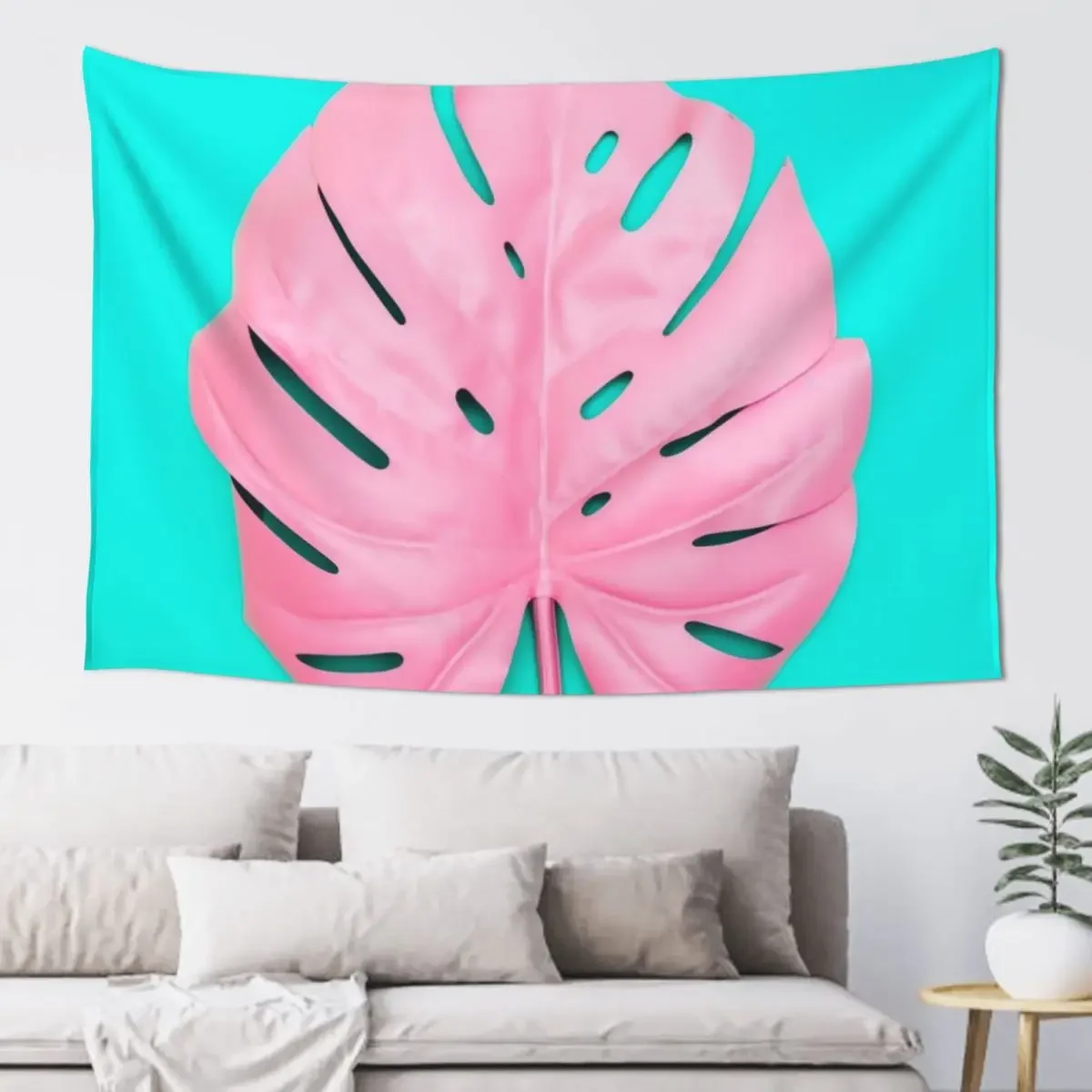 Bright pink monstera leaf on turquoise background, Bright pastel pink and turquoise Tapestry Wall Decor House Decor Tapestry