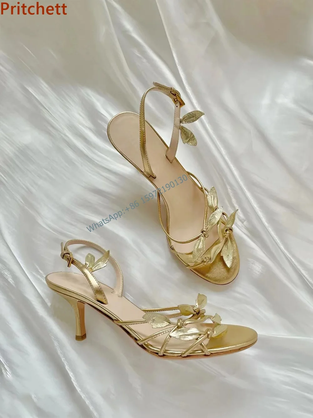 

Branch Leaves Twist Sandals Round Toe Thin Heels Buckle Strap Narrow Band Stiletto Shoes Solid Luxury Runway Elegant Shoes