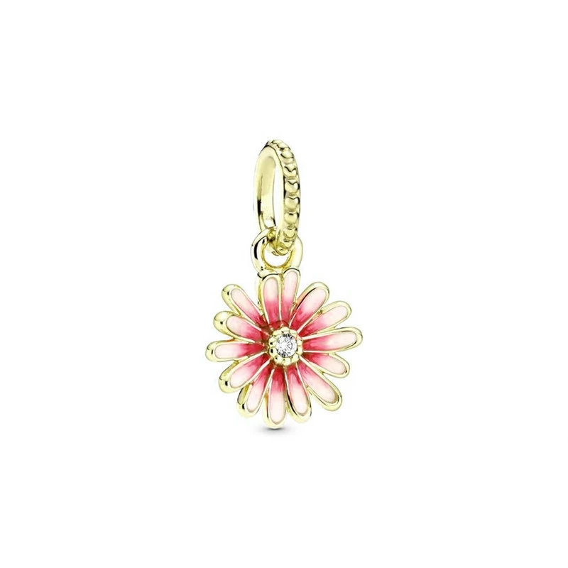 Gold plated Pink Leaves Pavé & Daisy Flower Dangle Charm Bead DIY Jewelry Gift Fit Original 925 Sterling Silver Bracelet