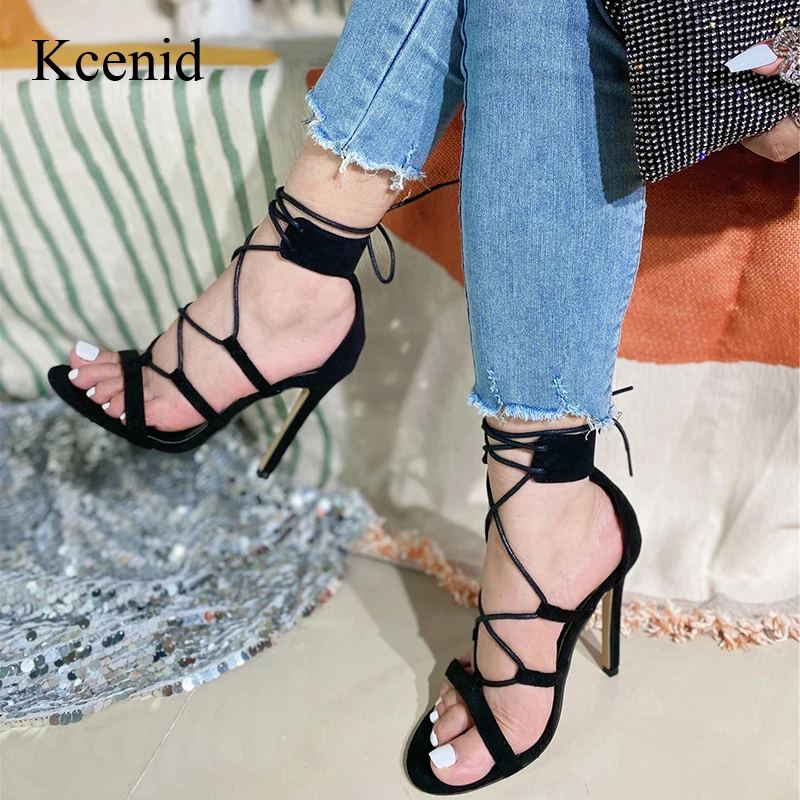 Kcenid New Fashion Design Narrow Band Lace-up Women Sandals Thin High Heels Pumps Summer Woman Cover Heel Ankle Strap Sandals