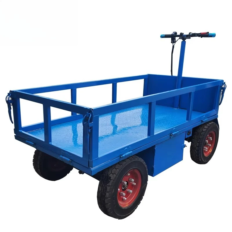 Warehouse handling Electric four-wheel flatbed truck Logistics Warehousing and hauling cycle Standing flatbed truck view 3