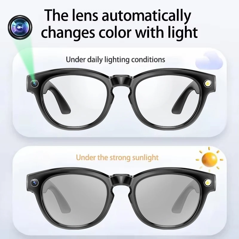 

2025Новые умные очки с HD-камерой, AI Voice, беспроводной вызов, аудио-видео запись, очки, меняющие цвет, поляризационные солнцезащитные очки с Bluetooth