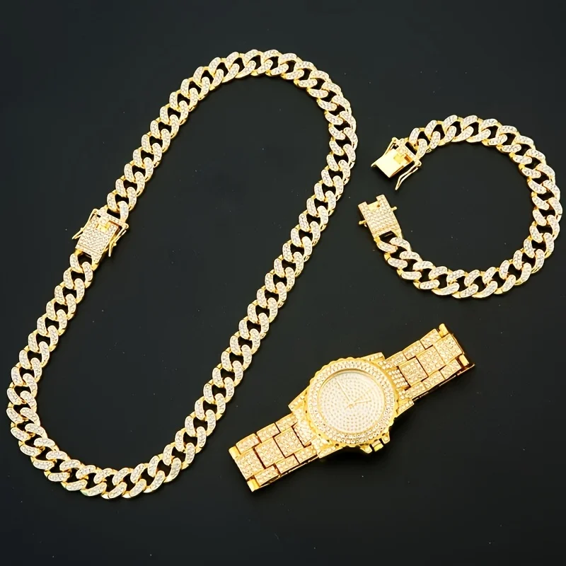3Pcs/Set Men's Quartz Watch,Necklace and Bracelet , Golden Luxury and Charming Jewelry, Shining Fashion Men's Outfit Accessory