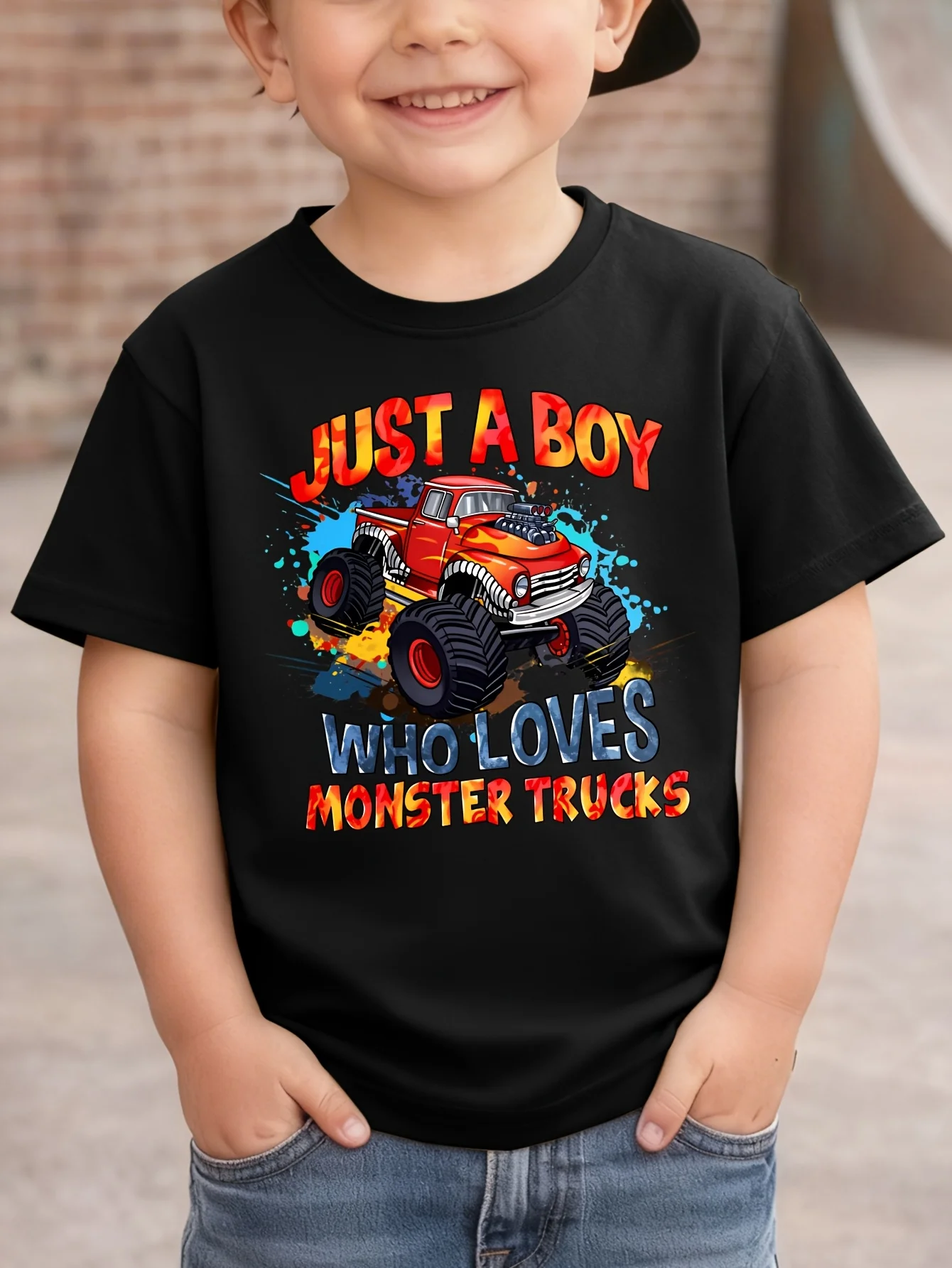 Cool Splash Art Red Monster Truck Letter Slogan Print Kids T Shirt Boys Girls Family Matching Summer Crew Neck Casual Tee