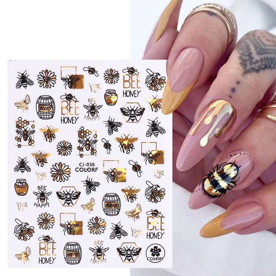 Folhas de ouro 3D Nail Sticker Holo Laser Flor Preta Forro Geométrico Nail Art JICJ028-036