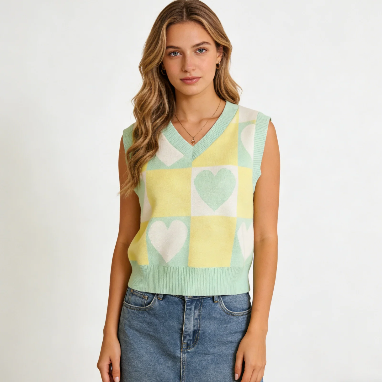 

Женский весенне-летний укороченный вязаный топ без рукавов с V-образным вырезом и узором в клетку для повседневной носки, офиса и вечеринок