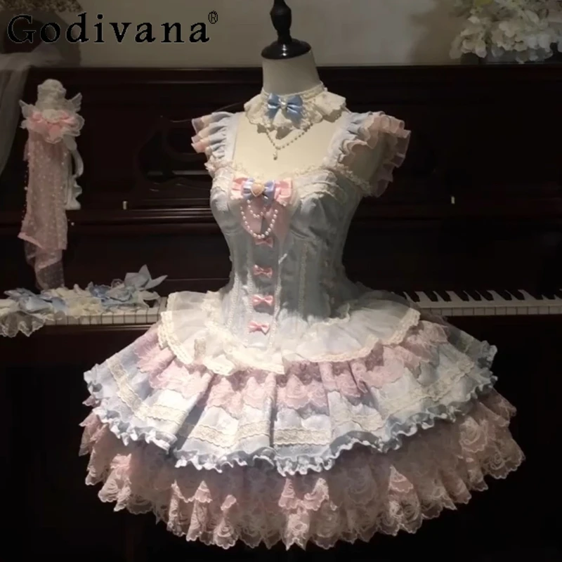 

Elegant Blue and Pink Lolita Dress Girls Wedding Lolita Heavy Lace Puffy Princess Dress Women Vintage Bow Marriage Dress