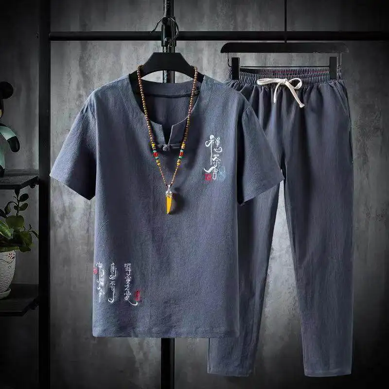 (Shirt + trousers) 2025 summer Chinese Style men shirt Cotton and linen shirts men\'s High quality casual shirts Two Piece M-5XL
