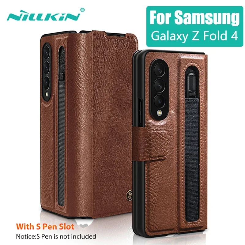 

NILLKIN Aoge Luxury Leather Kickstand Case with S-Pen Pocket, Cover for Samsung Galaxy Z Fold 4, Card Pocket, Shock Proof, Plain