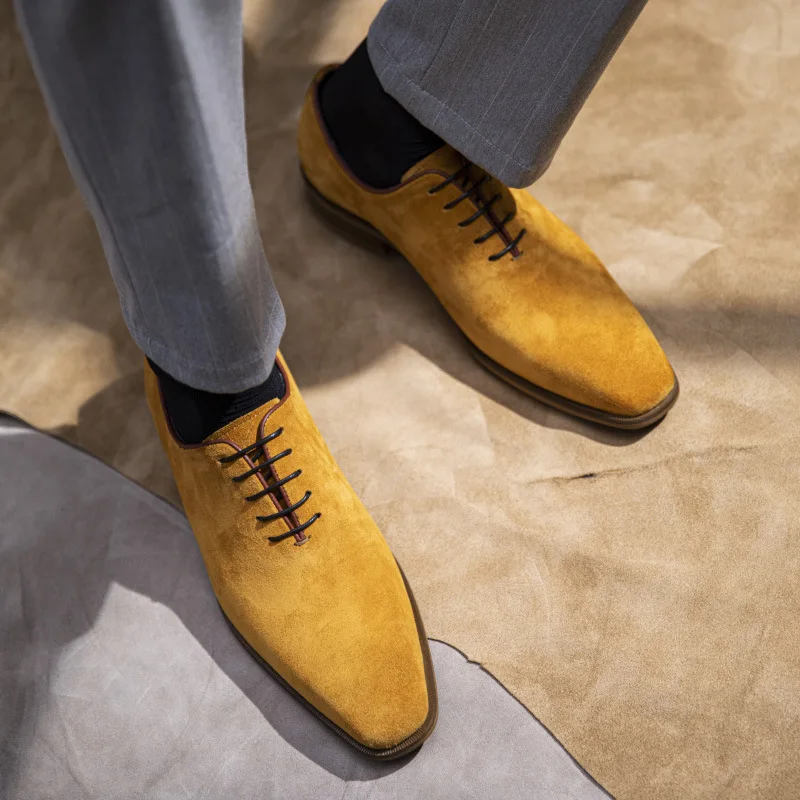 Men Formal Leather Shoes Genuine Leather Lace Up Khaki Yellow Men Dress Shoes High Quality Fashion Wedding Oxford Suede Shoe Man