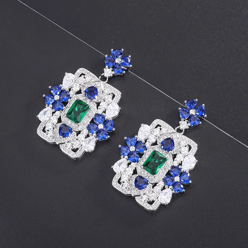 

European and American Retro Palace Style Earrings High-end Blue Heart Flower Square Stud Earrings for Women Micro-inlaid Zircon