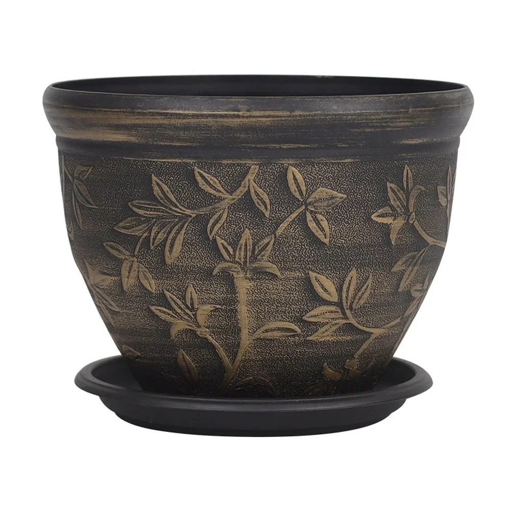 Embossed Pattern Large Flower Pot with Drainage System and Tray for Potted Plants Balcony For Garden Resin 34x16.5x26cm