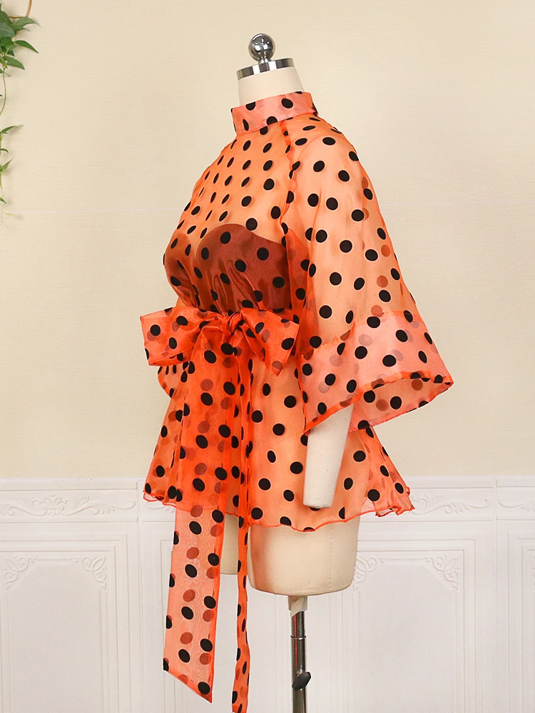 Sexy See Through Tops 3/4 Sleeve Black Polka Dot Organze White Orange Women Blouse Evening Party Plus Size Shirt Tops with Belt