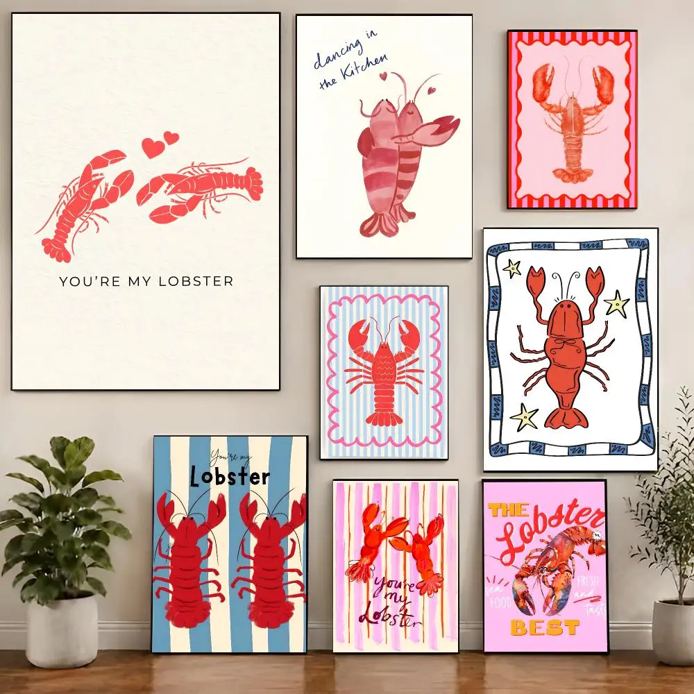 Kawaii Seafood Illustration C-Cute Shrimp Cartoon Poster Chic Visual Removable Wall Print Room Ornament for Bedroom & Dorm