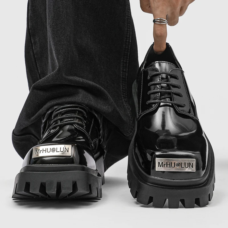 Classic Men Derby Shoes Black Casual Thick-soled Durable Designer Fashion Big-headed Leather Shoes Gentleman Social Shoes Men