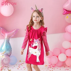 DXTON Cotton Kids Dress For Girls Striped Flying Sleeve Winter Children Clothes Cartoon Unicorn Printed Toddlers Casual Dresses