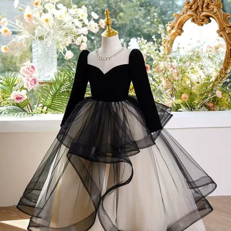 Black Luxury Children's Princess Dress Girls Winter Evening Gown Ladies Suitable Older Children Ideal Hostesses Piano Performers