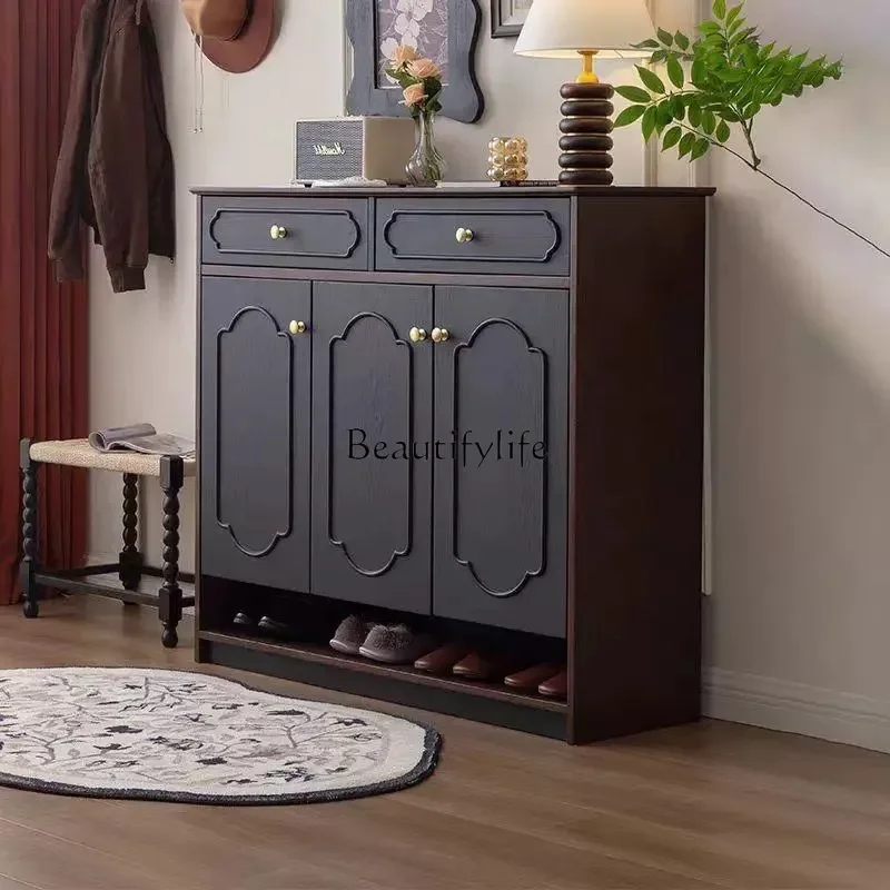 

pg46French retro solid wood shoe cabinet three-door living room against the wall locker at the door of the home