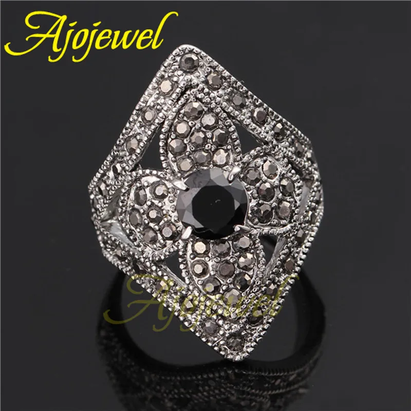 Ajojewel AAA Cubic Zirconia Vintage Flower Ring Black Rhinestone Geometric Jewelry Finger