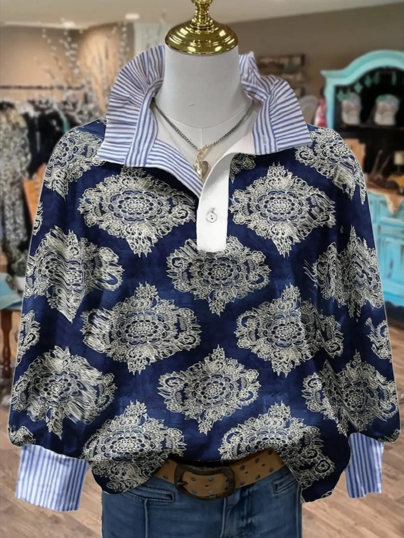 Ladies' Large Christmas Printed Stand up Collar Shirt (S-2XL) - Long Sleeve Style,