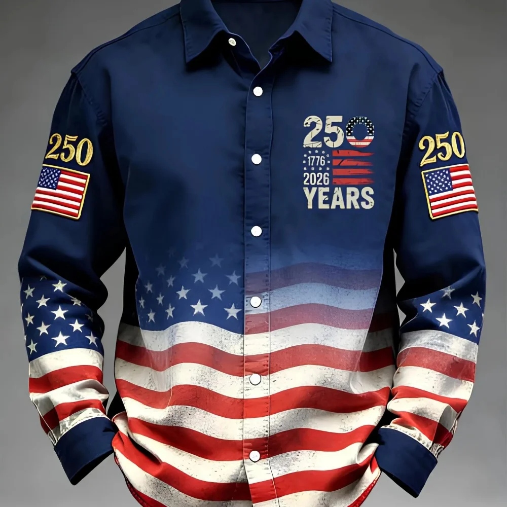 250th Anniversary of the United States 1776-2026 Long Sleeve Shirt Retro Distressed American Flag Print Casual Holiday Top