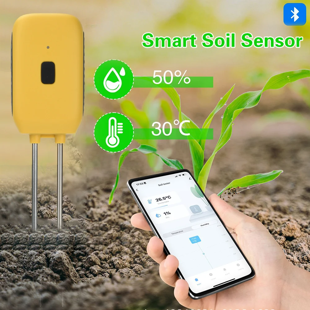 بلوتوث درجة حرارة التربة مقياس الرطوبة لحديقة الذكية كاشف اختبار رطوبة التربة لبساتين المزرعة أصائص زرع مزرعة APP التحكم