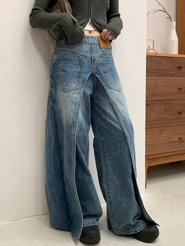 DEAT Fashion Women\'s Wear Jeans In Both Front And Back High Waist Deconstruct Two Fake Loose Denim Pants Winter 2024 New 7AB2797