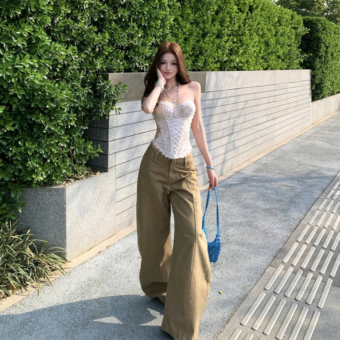 

Summer American High Waist Loose Wide Leg Pants Khaki Workwear Casual Women's Lace Fishbone Top High Waist Loose Fit Long Pants