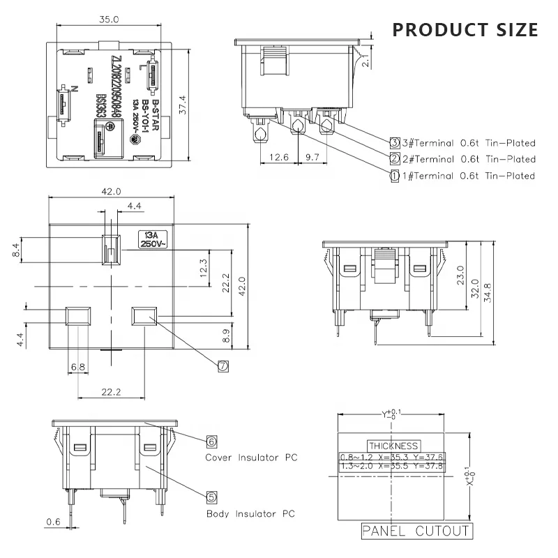 UK Standard 3 Pins 13A 250V Inlet Industrial AC Power Socket Wall Mounted UK Electrical Sockets Module