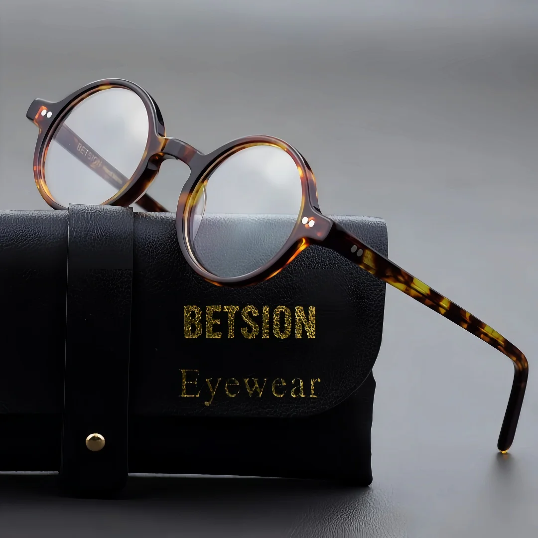 

BETSION Retro Round Acetate Glasses Frame Unisex 40/42/44mm Leopard Eyeglasses Can Fit Prescription Lenses