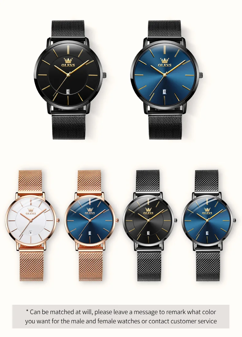 OLEVS Couple Watch Luxury Quartz Couple Watch Casual Fashion Ultra Thin Waterproof Calendar Watch His/Her Couple Dating Watch