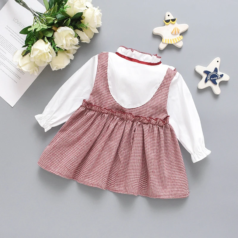 Spring And Autumn Girls\' Baby Long-Sleeved Dress Plaid Small Stand Collar Infant Dress Western Style Girl Children\'S Clothing