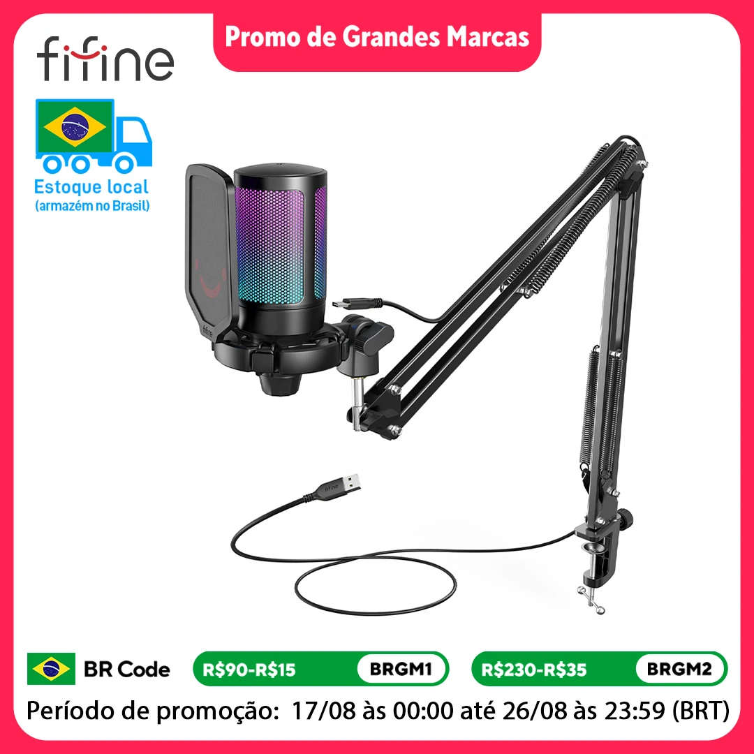 Kit de microfone USB para jogos FIFINE com suporte de braço para PC, PS4/5, conjunto de microfone cardióide condensador com toque mudo, RGB para streaming -A6T