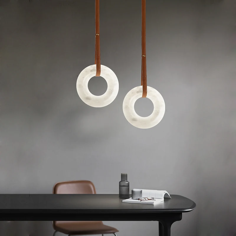 Marble Ring Brown Dark Leather Belt LED Hanging Lamps Lustre 2026 Pendant Light Suspension Luminaire Lampen For Living Room