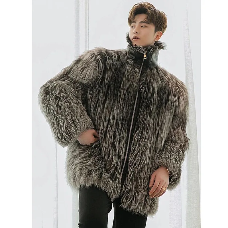 

Luxury Trendy Men's Winter Coat Faux Fur Jacket Fur Collar Medium Length Thick Warm Simple Brand Loose Casual Soft Versatile