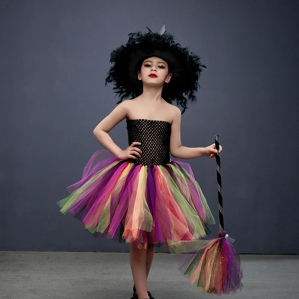 Theeper New Arrival Halloween Rainbow Tutu Dress Cool Style Flowy Skirt Feather Embellished Hat Pack Live Stage Performance Wear