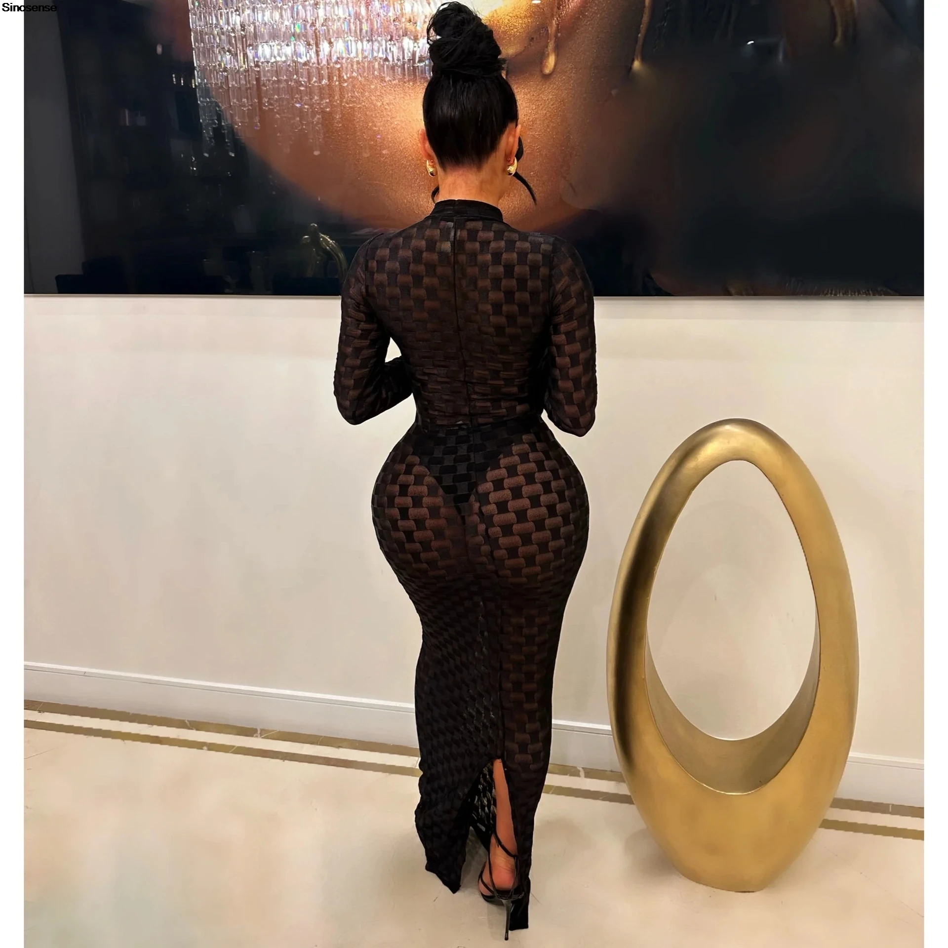 Women Bodycon Evening Cocktail Maxi Dress Sexy Sheer Mesh See Through Hollow Out Plaid Long Sleeve Skinny Night Club Party Dress