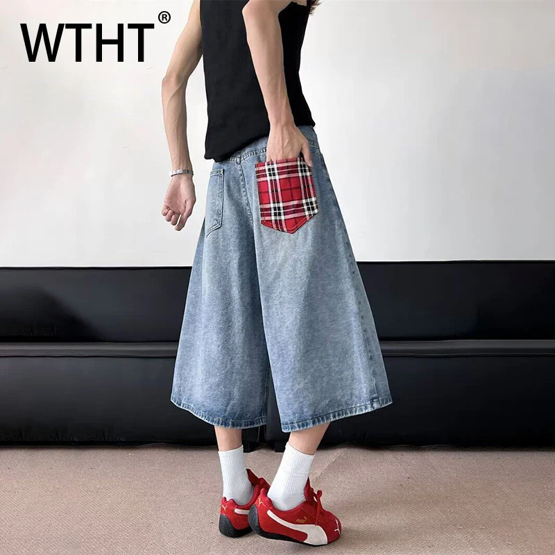 

WTHT винтажные мужские лоскутные клетчатые шорты в американском стиле, джинсовые шорты, модные прямые широкие короткие брюки, мужские брюки, лето 2023, 2A0865