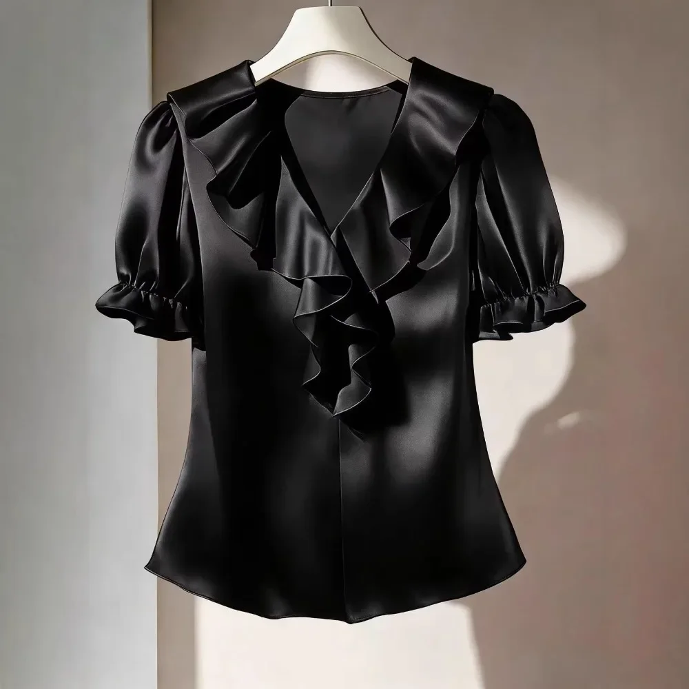 Women Chic Unique Design Ruffle Collar Puff Sleeve Blouse Spring Summer Thin Elegant Casual Ladies Tops
