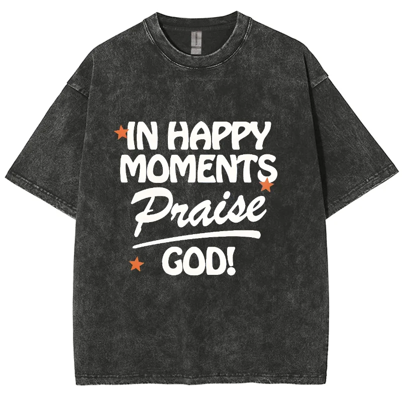 Happy Moments God Y2K Washed Short Sleeve T-Shirt, Creative Printed Unisex Vintage Streetwear New Fashion Plus-Size Casual Tops