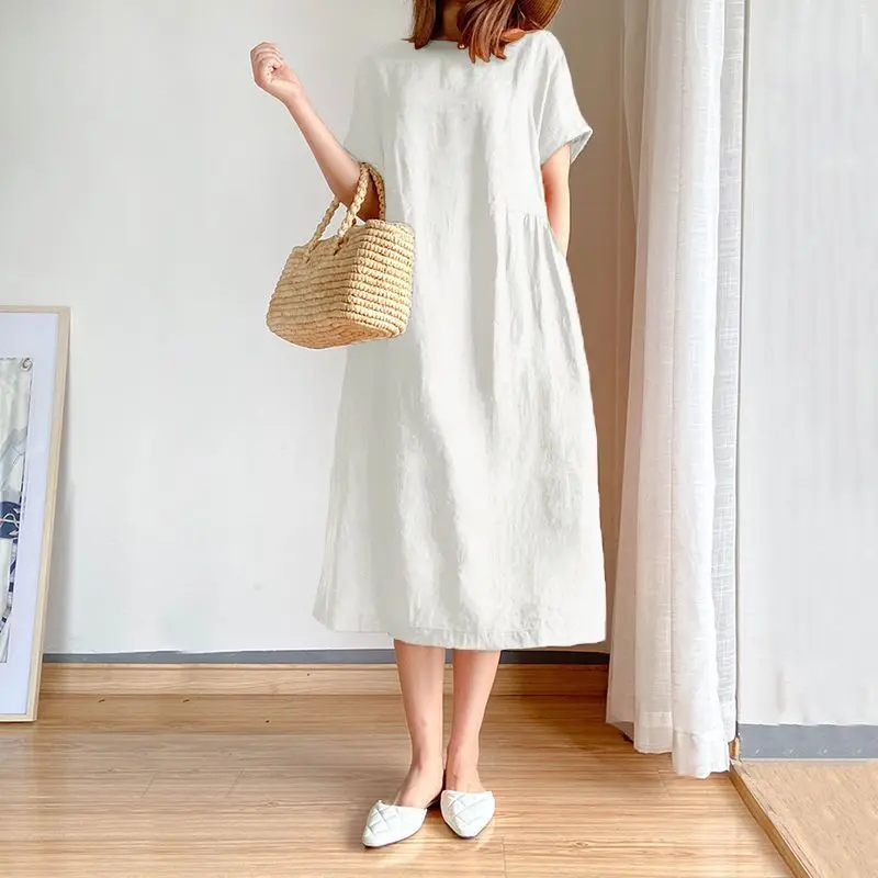 

2024 Summer Women Fashion Casual Loose Dress Female Short Sleeve A-line Dresses Ladies Oversize Solid Color Midi Vestidos Y796