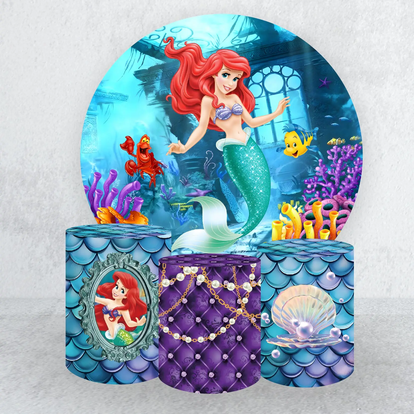 

Disney Little Mermaid Backdrop Round Cover and 3pcs Cylinder Covers Princess Ariel Theme Girl Party Supplies Background Decor