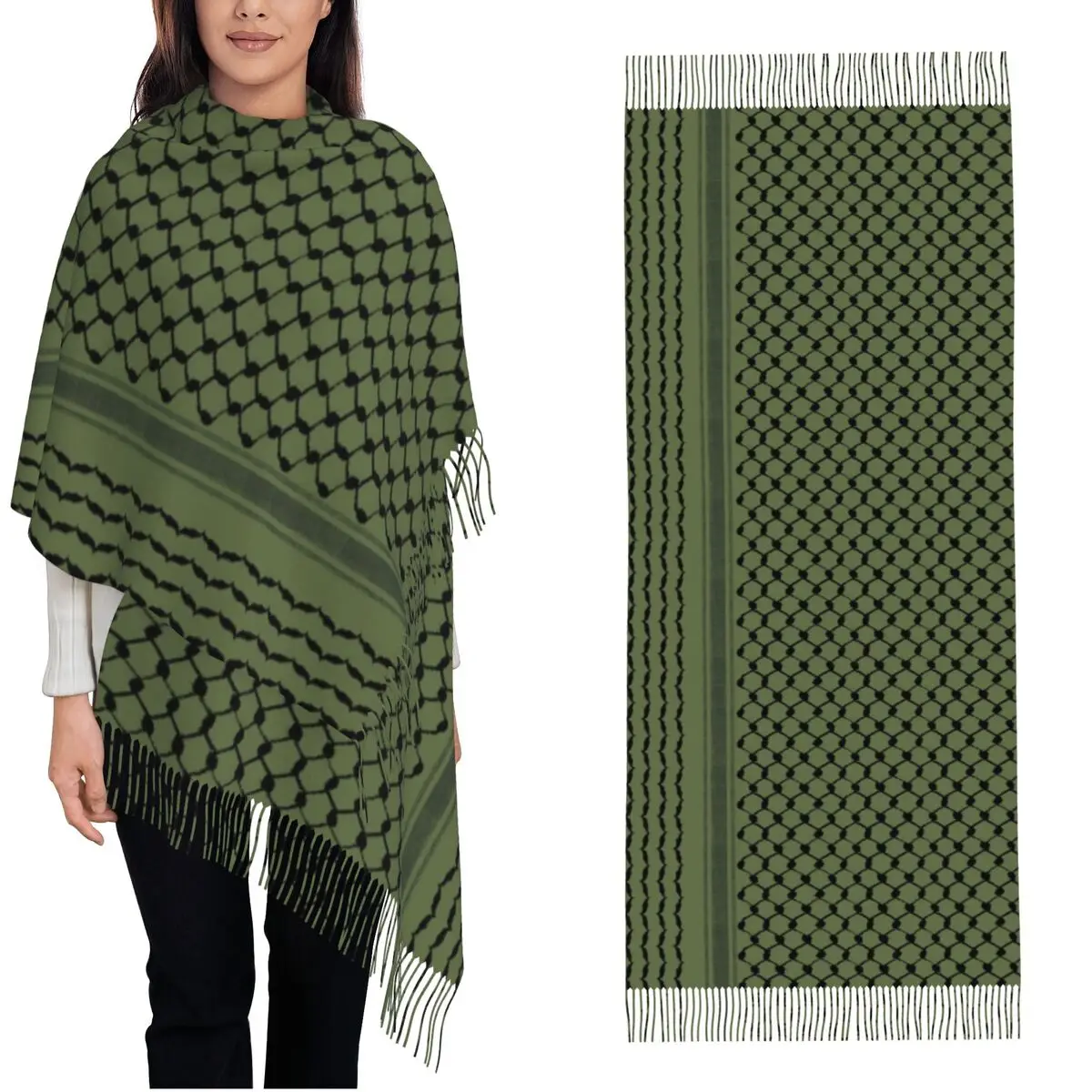

Palestine Hatta Kufiya Folk Pattern Scarf with Tassel Olive Green Outdoor Shawl Wraps Ladies Scarves Wraps Winter Funny Bufanda