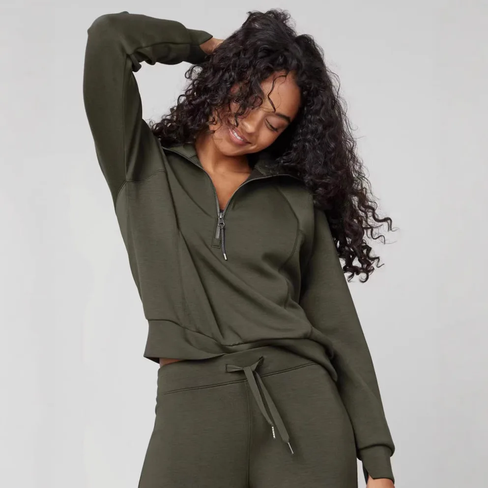 

Весенний новый универсальный модный повседневный женский однотонный брючный костюм на молнии с длинными рукавами, женский костюм